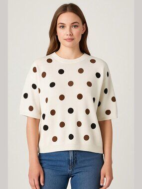 ** Enjoy Ivory Short Sleeve Brown Ombre Polka Dot Crewneck Sweater Size M/L